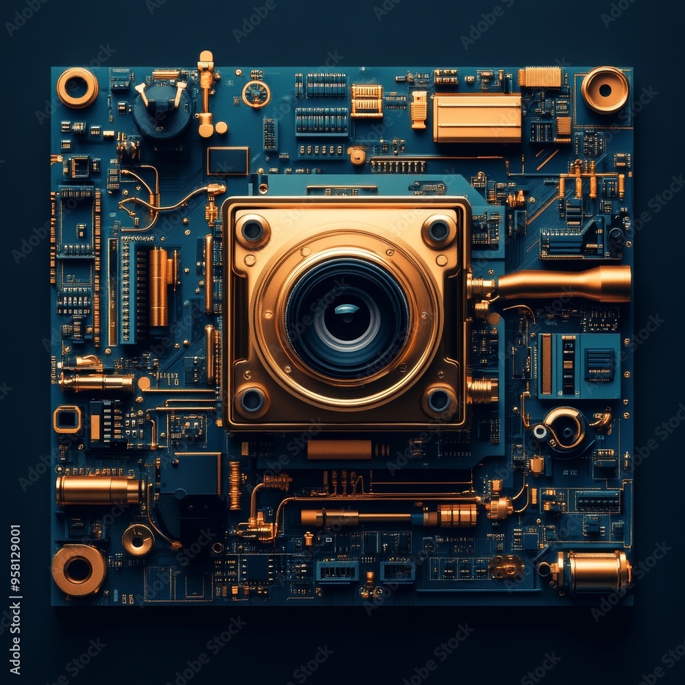 Poster circuits in metallic colors and sharp angles that resemble retro-futurism