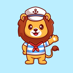 Obraz premium Cute Lion Sailor Captain Waving Hand Cartoon Vector Icon Illustration. Animal Holiday Icon Concept Isolated Premium Vector. Flat Cartoon Style