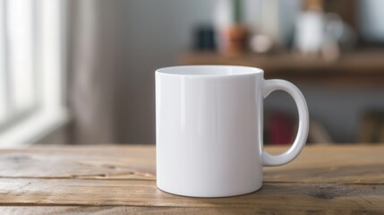 Blank coffee mug on a wooden table, minimalistic design, perfect for branding, customizable for promotional use, ideal for coffee shops or events