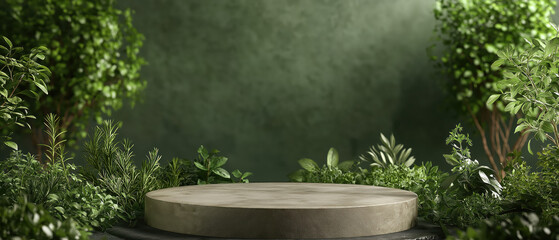 A serene nature-inspired backdrop featuring a stone platform surrounded by lush greenery and trees, perfect for presentations or displays.