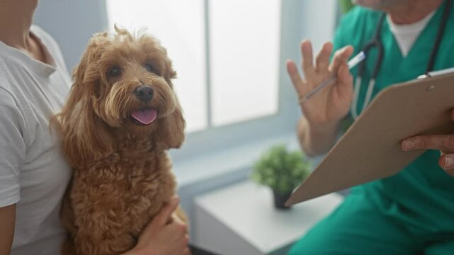 A happy poodle receives attention from a veterinarian in a bright clinic room, alongside its owner, a woman.