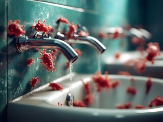 Bacteria on faucets in the bathroom Pathogens, a close-up view of faucets with water flowing, surrounded by vivid red microbes.