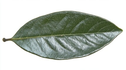 A magnolia leaf, large, oval, and dark green with a leathery texture