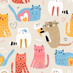 Cartoon seamless pattern with colorful cats. Kittens with ice cream, hearts. Childish texture for fabric, textile, apparel, wallpaper. Vector illustration