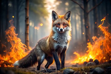 Fototapeta premium A photo image of a majestic fox with embers for fur and flames for whiskers, standing amidst a fierce forest fire
