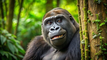 Fototapeta premium a photo image of a western lowland gorilla with a wide, toothy smile, leaning against a tree trunk in a lush jungle environment