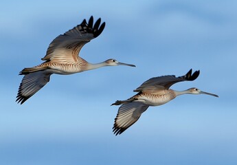 Fototapeta premium A Beautiful Pair of Birds Soaring Gracefully Across the Sky