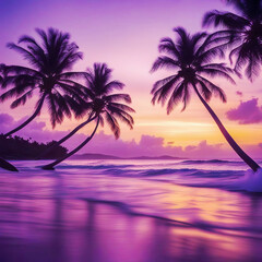 A beautiful tropical beach with tall palm trees silhouetted against a vibrant sunset sky. The ocean waves gently crash onto the shore, creating a serene paradise atmosphere.