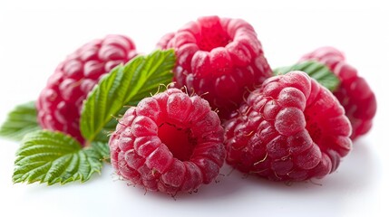 Raspberries with leaves isolated on a white background