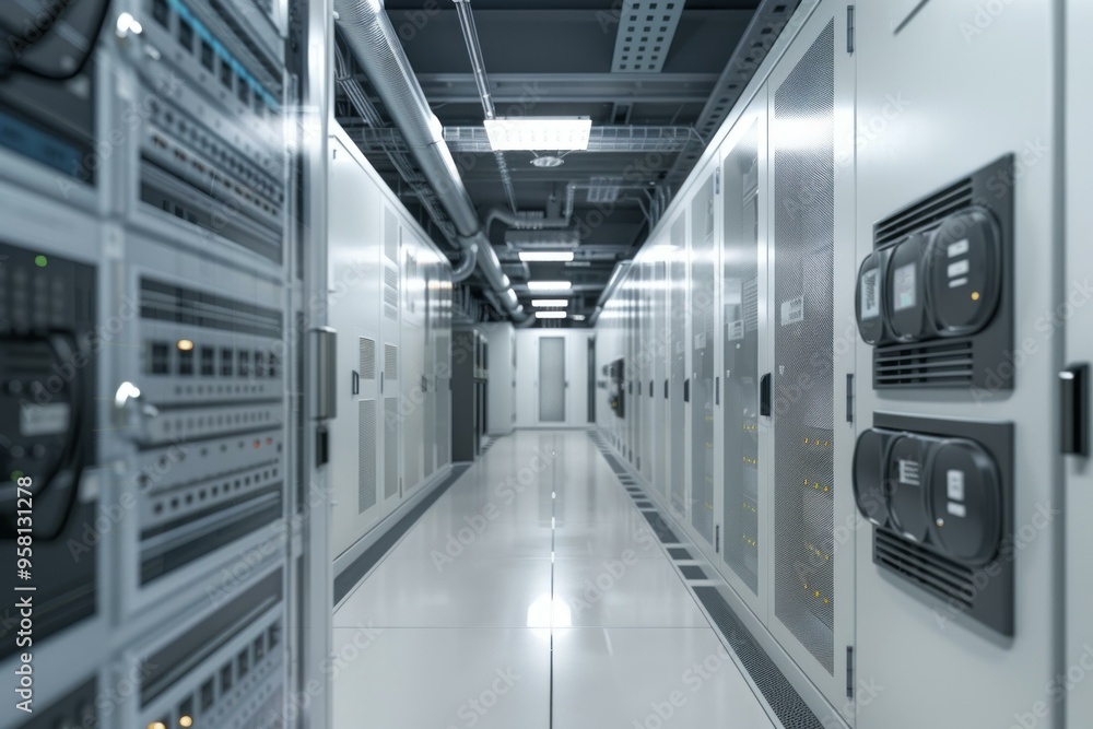 Poster server room data center corridor with multiple racks hosting servers and it equipment