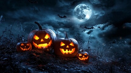 Fototapeta premium Glowing Jack-O-Lanterns on a Hilltop with the Moon and Ominous Clouds at Nighttime