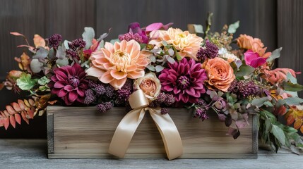 Fototapeta premium Vibrant Autumn Floral Arrangement in Wooden Box