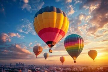 Fototapeta premium Sunset balloons hovering over urban skylines
