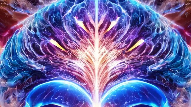 Glowing brain connected to a network of energy wires, merging artificial intelligence and technology with electrical impulses of brain neurons