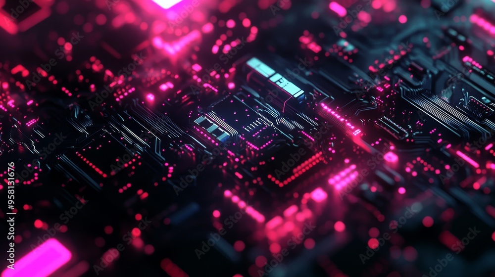 Poster microchip/microprocessor integrated on blue circuit board representative of the high tech industry