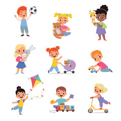 Kids Toys with Little Boy and Girl Playing Vector Set