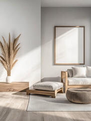 Minimalist living room interiors with elegant furniture and wood accents. Real Estate interior design composition in neutral tones.