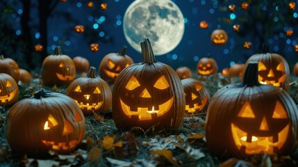 Fototapeta premium Pumpkin patch full of glowing jack-o'-lanterns beneath a bright full moon, surrounded by falling leaves, creating a whimsical yet spooky Halloween scene, filled with festive, mysterious energy.
