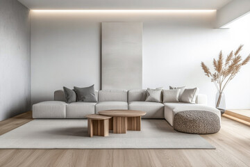 Fototapeta premium Minimalist living room interiors with elegant furniture and wood accents. Real Estate interior design composition in neutral tones.