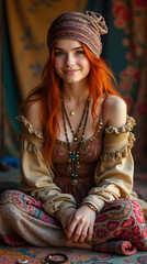 Bohemian Style Portrait of a Woman with Vibrant Orange Hair