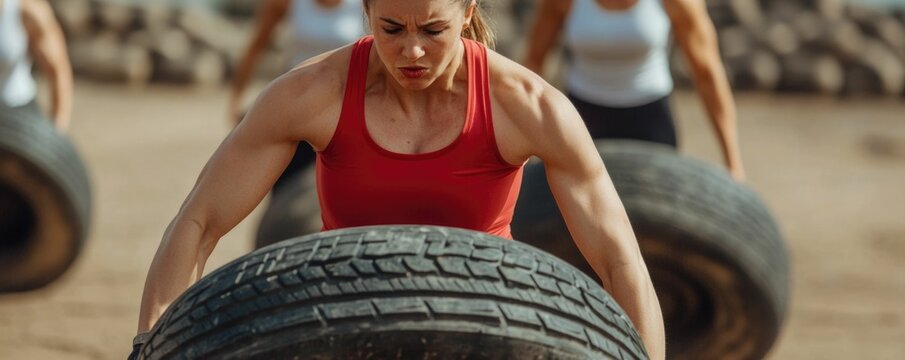 Determined Group Flipping Large Tires in Gritty Urban Setting   Teamwork Strength and Perseverance Displayed in Outdoor Functional Fitness Challenge