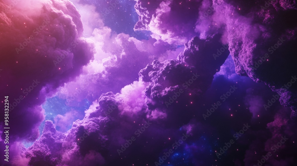 Poster create an abstract digital dreamscape using ethereal elements such as nebulous clouds, celestial bod