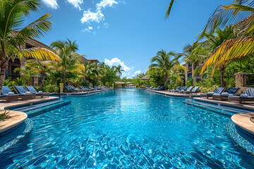 From a wide-angle view on a sunny summer day, pool glistens like a sapphire gem, surrounded by plush lounge chairs and palm trees, creating a serene oasis in bustling resort, where guests bask in warm