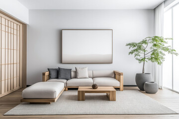 Fototapeta premium Minimalist living room interiors with elegant furniture and wood accents. Real Estate interior design composition in neutral tones.