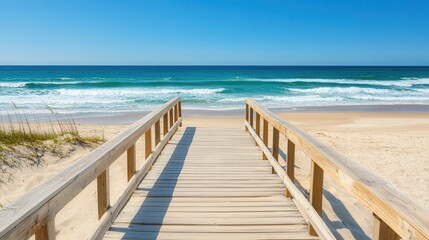 Naklejka premium Inviting boardwalk guiding to a stunning beach, vibrant summer atmosphere, gentle waves crashing against the shore, perfect for relaxation and enjoyment.