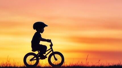Fototapeta premium Balance Bike Adventure, a young boy mastering his balance on a sleek silhouette bike, confidently practicing with one leg on the ground, showcasing determination and skill.
