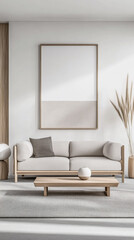 Minimalist living room interiors with elegant furniture and wood accents. Real Estate interior design composition in neutral tones.