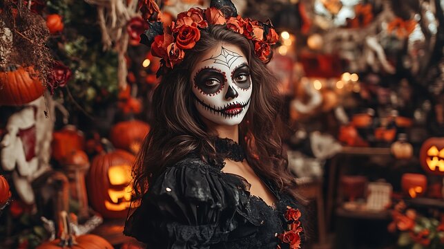 Model showcasing Halloween-themed face paint, surrounded by detailed decorations, eerie lighting, sharp photography