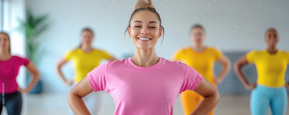 Poster dynamic fitness class capturing joyful movement and energy of a group exercising together in a brigh