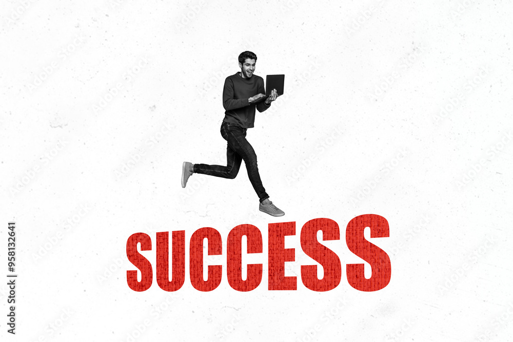 Aufkleber Collage 3d image of pinup pop retro sketch of running young man businessman netbook success bizarre unusual fantasy billboard