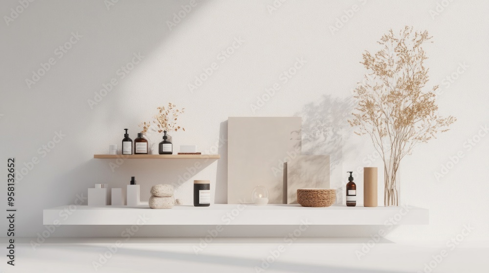 Poster minimalist white shelf with natural elements and products