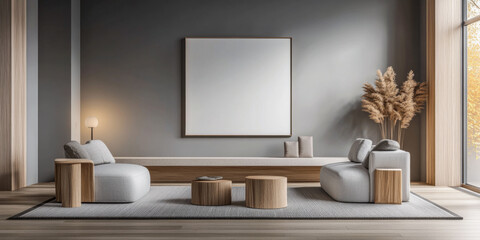 Minimalist living room interiors with elegant furniture and wood accents. Real Estate interior design composition in neutral tones.