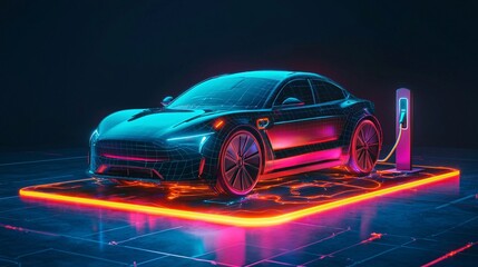 Obraz premium Futuristic Electric Car Being Wirelessly Charged on a Stylish Charging Pad With Energy Ind