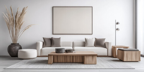 Minimalist living room interiors with elegant furniture and wood accents. Real Estate interior design composition in neutral tones.
