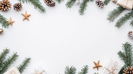 Christmas composition of pine branches, wooden stars, pinecones, and gift boxes isolated on white background, creating a natural and minimalist holiday design.