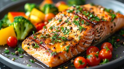 Grilled Salmon Fillet with Vegetables on Plate