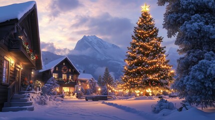 Snowy fir trees stand tall against a blue sky, their branches laden with white Christmas lights, creating a magical winter landscape