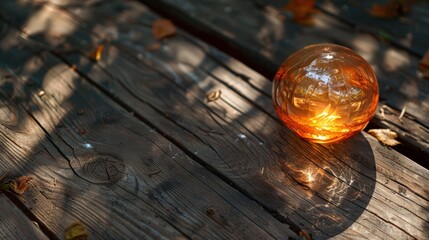 Obraz premium Glowing orange orb on a rustic wooden floor, illuminated by natural sunlight. Soft autumn leaves and shadows enhance the cozy, warm atmosphere, perfect for Halloween or fall-themed settings.