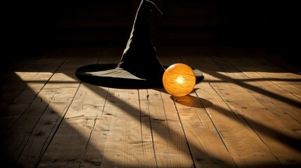 Witch's hat casting a shadow with a glowing orb placed on a wooden floor. The dim lighting and shadows create a mysterious, spooky Halloween atmosphere, evoking witchcraft and dark magic.