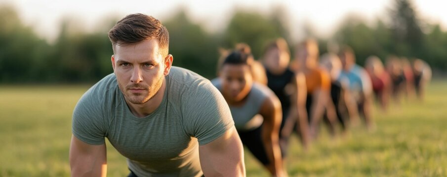 Energetic and Motivating Outdoor Boot Camp Session with a Diverse Group of Fitness Enthusiasts Participating in Synchronized Exercises on a Grassy Field