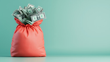 Red Money Bag Filled with Dollar Bills on Green Background
