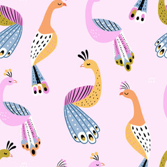 Seamless pattern with hand drawn cartoon peacock birds. Creative girlish vector texture for fabric, textile, wallpaper