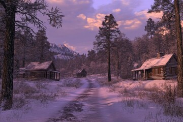 At Dusk, a serene winter landscape is framed by snow-covered trees and tranquil walkways
