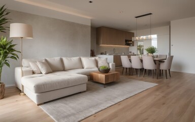 Contemporary living room with beige sectional, coffee table, pla