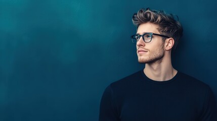 Fototapeta premium A young man with stylish hair and glasses looks thoughtfully to the side against a teal background, capturing modern style and introspection.