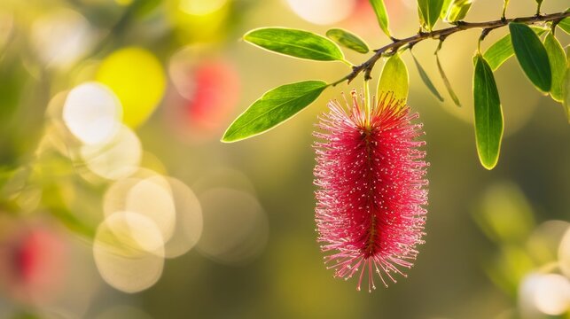 A single bottlebrush leaf, needle-like and turning from green to bright red